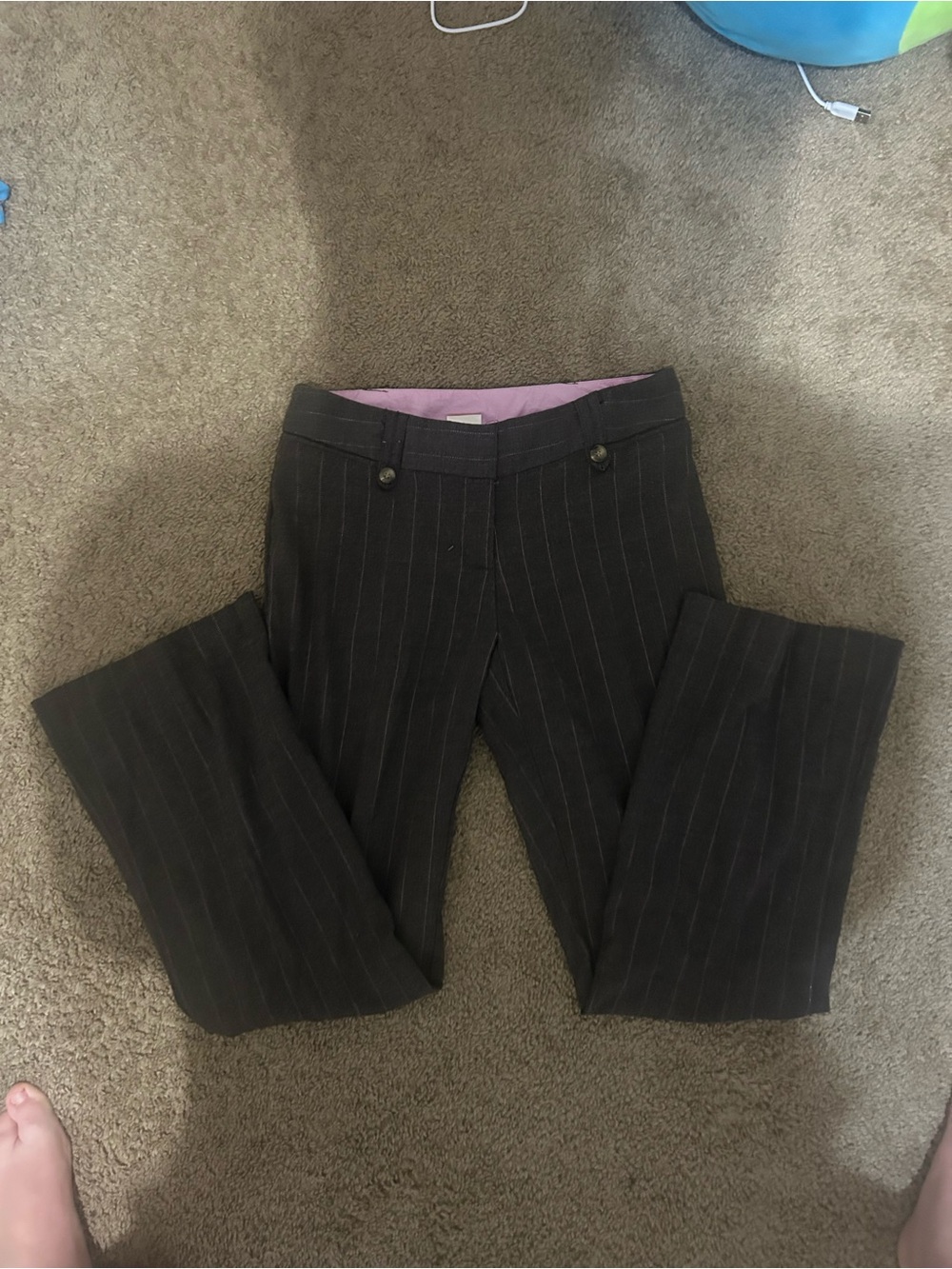 No Boundaries Black Pinstripe Boot-Cut Pants with Purple Waistband